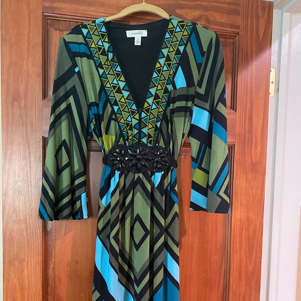 V neck jeweled Dress from Dress Barn. Very flattering.